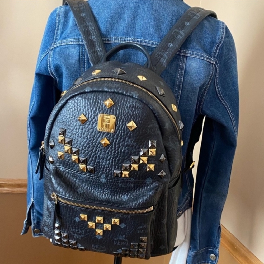 MCM Black and Gold Studded Backpack Size: Small MCM Men/Women